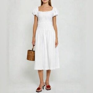 Revolve x Kourt Malta Midi Dress White Linen Blend Smocked Balloon Sleeve medium